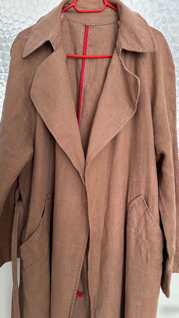 Kahve Uzun Keten Kadın Trençkot - Görsel 5