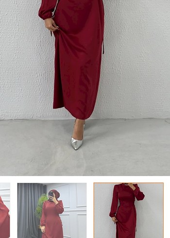 Bordo Tesettür Saten abiye