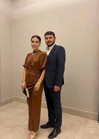 Kahverengi Drapeli Uzun Elbise - Görsel 2