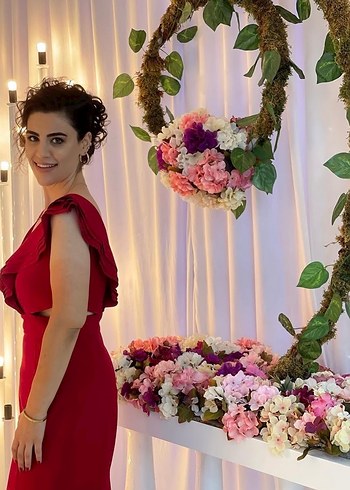 Kırmızı Uzun V Yaka Kadın Abiye Elbise - Görsel 3