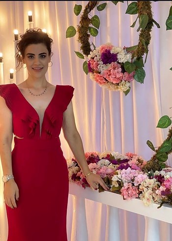 Kırmızı Uzun V Yaka Kadın Abiye Elbise - Görsel 2