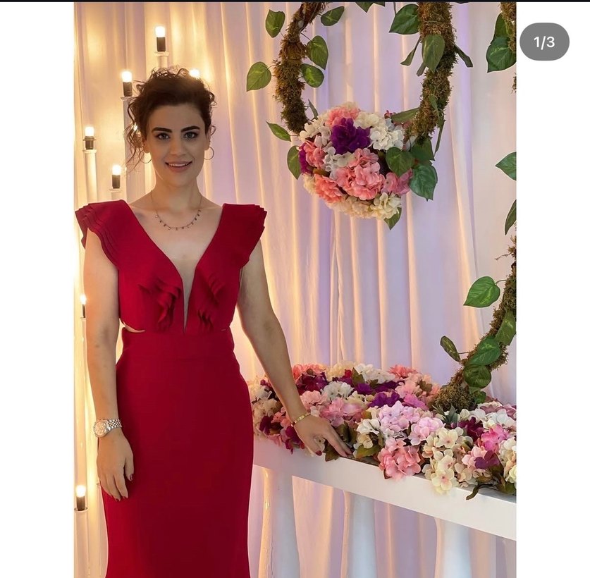 Kırmızı Uzun V Yaka Kadın Abiye Elbise - Görsel 2