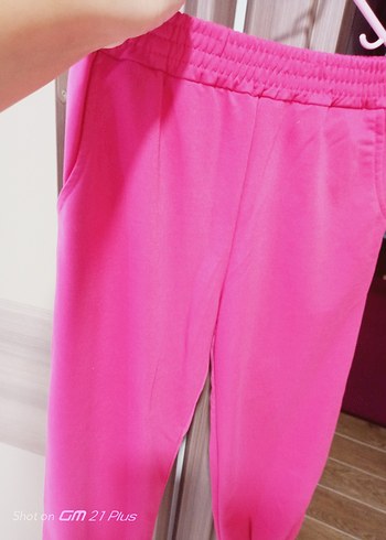 Pembe Kadın Elastik Bel Spor Kumaş Pantolon - Görsel 2