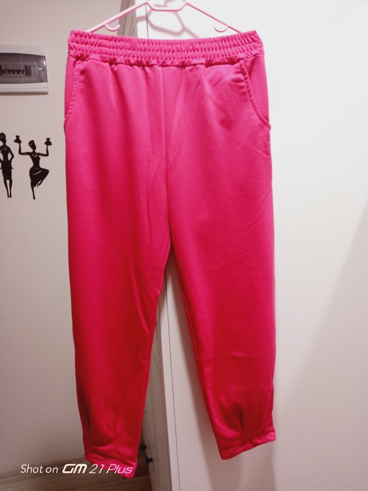 Pembe Kadın Elastik Bel Spor Kumaş Pantolon - Görsel 5