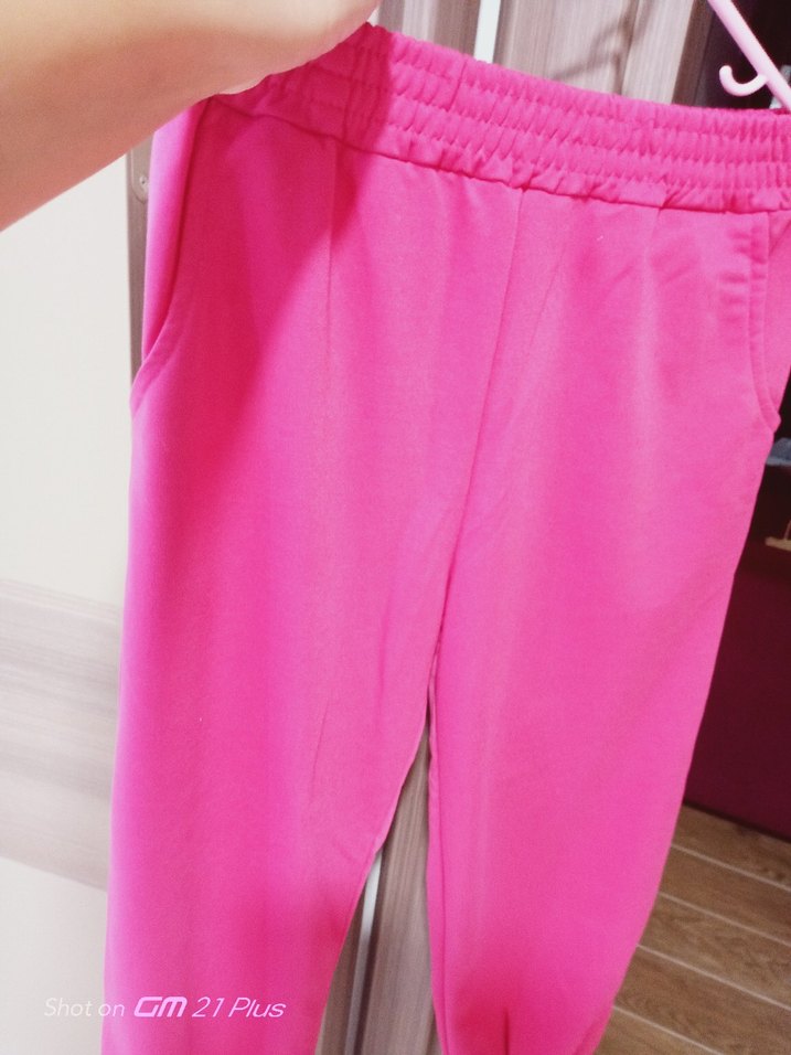 Pembe Kadın Elastik Bel Spor Kumaş Pantolon - Görsel 2