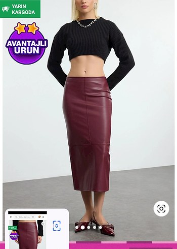 Bordo Deri Midi Kalem Etek - Görsel 2
