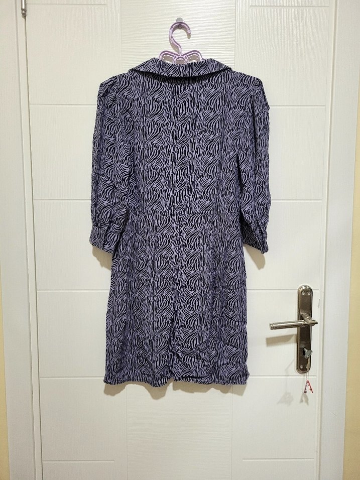 Gri Zebra Desenli Uzun Kollu Midi Gömlek Elbise - Görsel 2