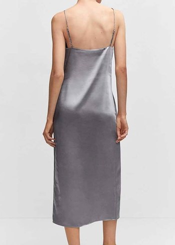 Gri V Yaka Midi İpek Elbise - Görsel 2