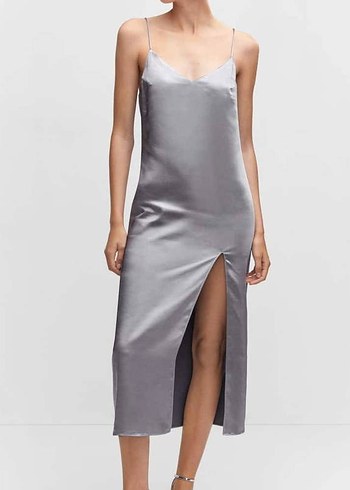 Gri V Yaka Midi İpek Elbise - Görsel 6