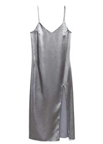 Gri V Yaka Midi İpek Elbise - Görsel 3