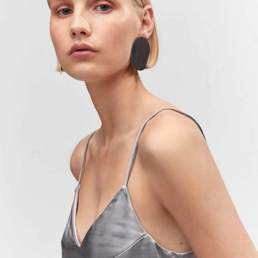 Gri V Yaka Midi İpek Elbise - Görsel 5