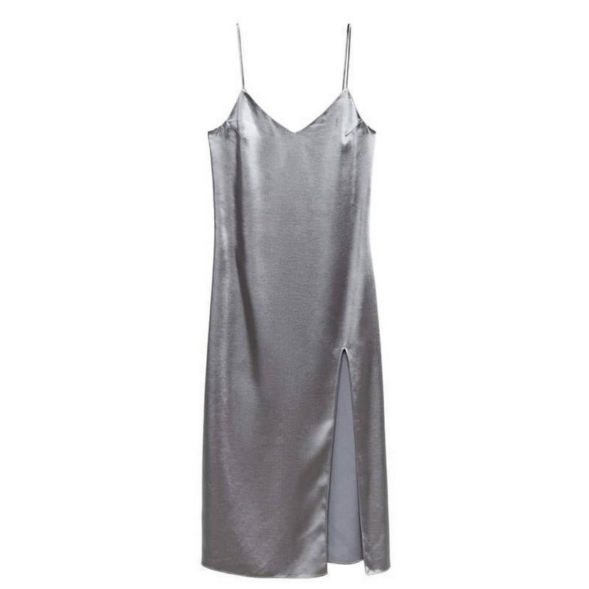 Gri V Yaka Midi İpek Elbise - Görsel 3