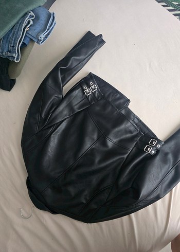l Beden Kadın Siyah Deri Biker Ceket