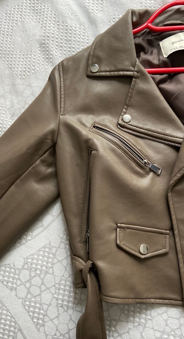 Kahverengi Deri Biker Ceket stradivarius - Görsel 3