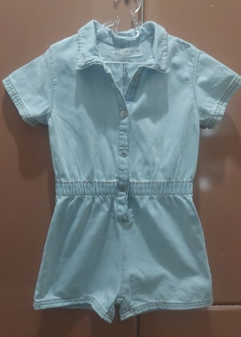 Kız Çocuk Mavi Düğmeli Kısa Kollu Denim Tulum
