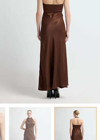 Kahverengi Sade Yüksek Yakalı Uzun Elbise - Görsel 2