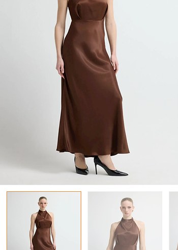Kahverengi Sade Yüksek Yakalı Uzun Elbise - Görsel 4