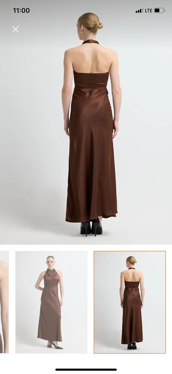 Kahverengi Sade Yüksek Yakalı Uzun Elbise - Görsel 2