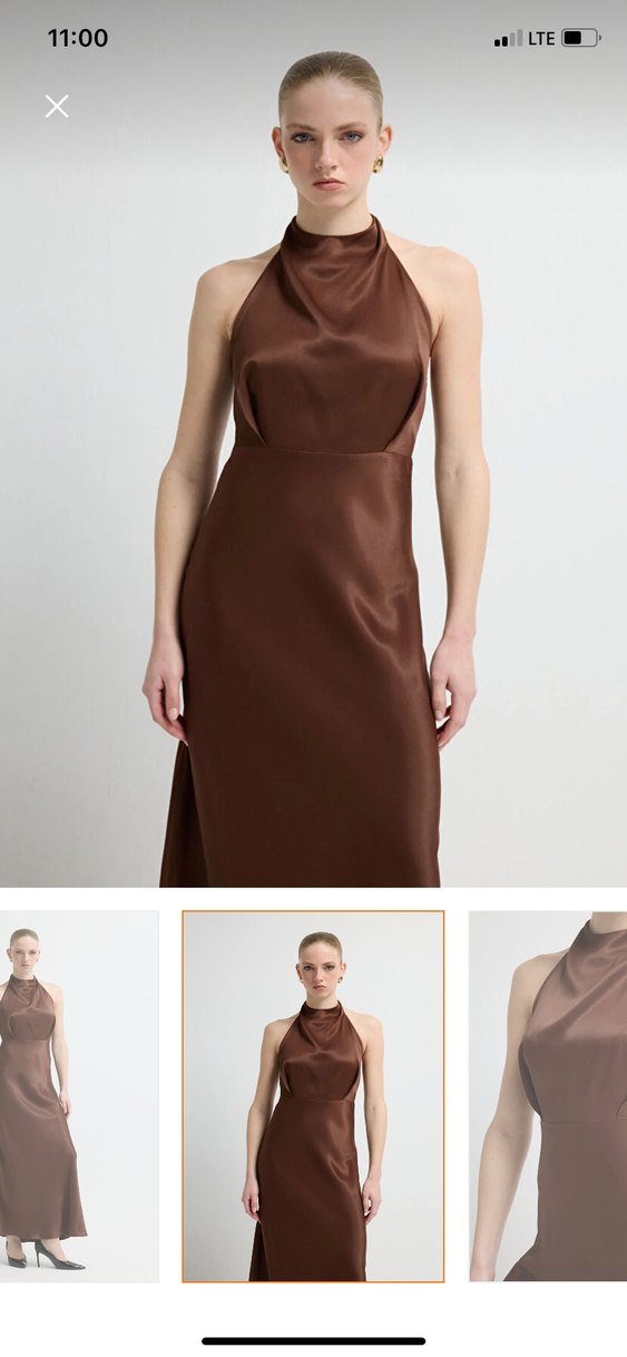 Kahverengi Sade Yüksek Yakalı Uzun Elbise - Görsel 3