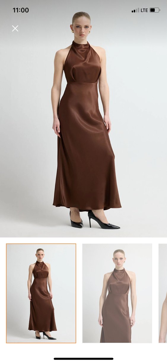 Kahverengi Sade Yüksek Yakalı Uzun Elbise - Görsel 4