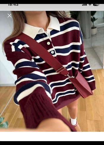 Bordo Çizgili Oversize Triko Kazak - Görsel 2