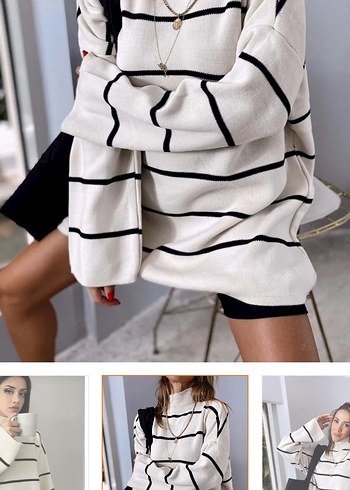 Beyaz Çizgili  Kadın Kazak - Görsel 2