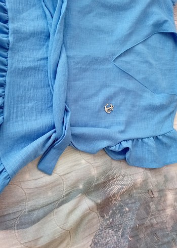 Mavi Keten Mini Hamile Bluzu - Görsel 5