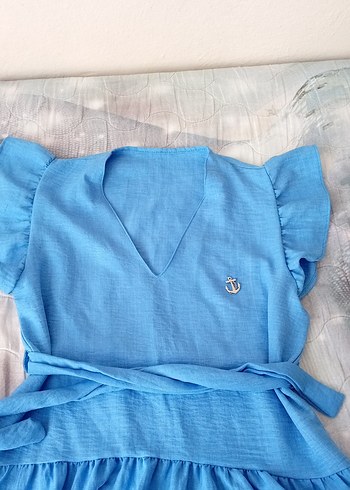 Mavi Keten Mini Hamile Bluzu - Görsel 2