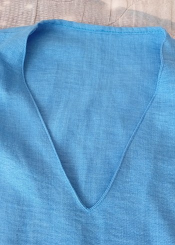 Mavi Keten Mini Hamile Bluzu - Görsel 3