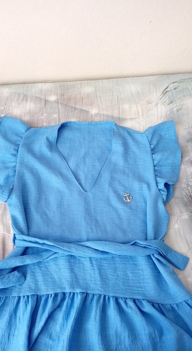 Mavi Keten Mini Hamile Bluzu - Görsel 2