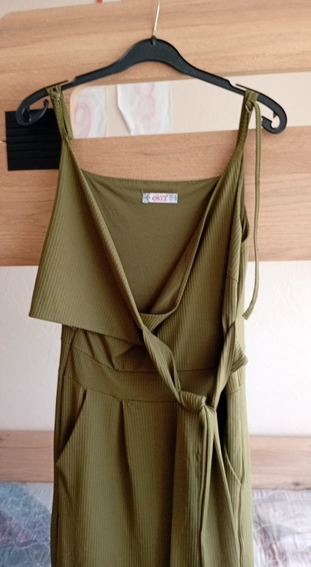 Kadın Haki Uzun Askısız Salaş Tulum - Görsel 3