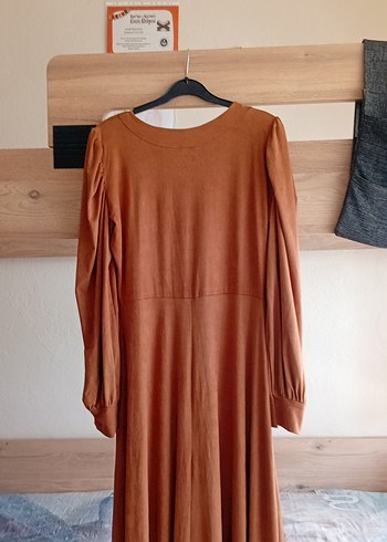 Drapeli Kahverengi Süet Uzun Kollu Elbise - Görsel 5