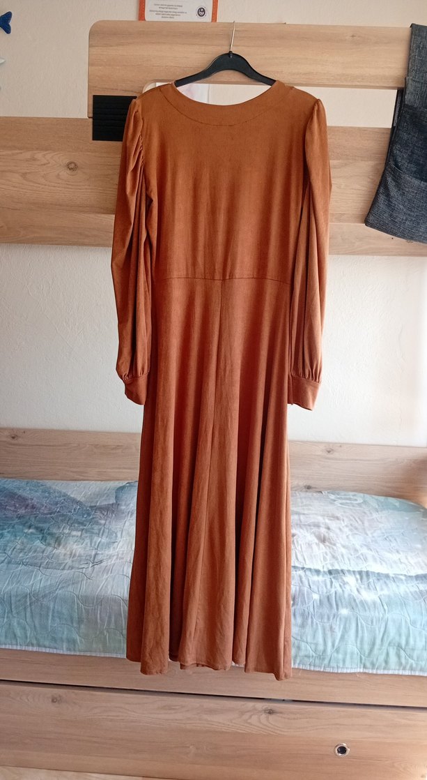 Drapeli Kahverengi Süet Uzun Kollu Elbise - Görsel 4