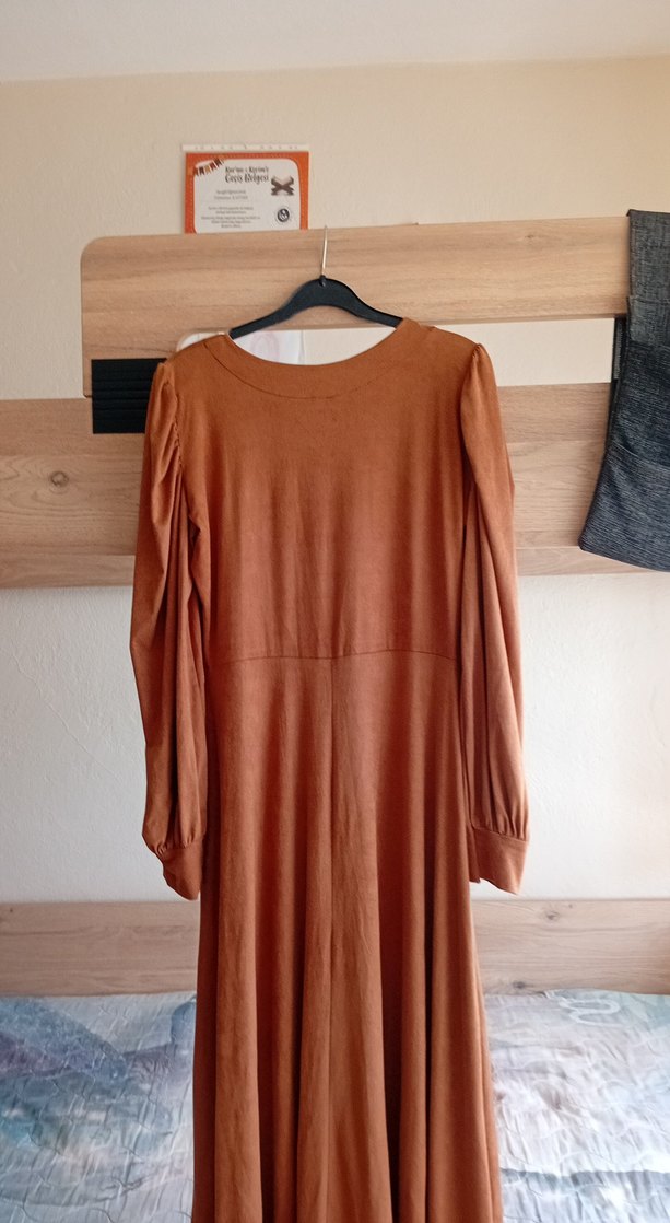 Drapeli Kahverengi Süet Uzun Kollu Elbise - Görsel 5