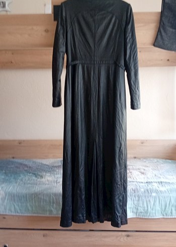 Uzun Siyah Deri Goth Kemerli Kadın Ceket - Görsel 6