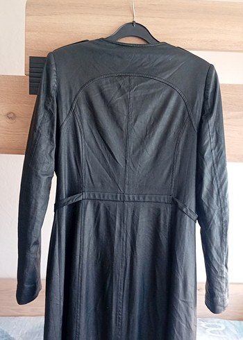 Uzun Siyah Deri Goth Kemerli Kadın Ceket - Görsel 7