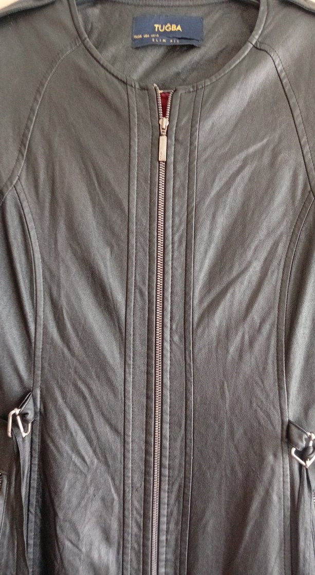 Uzun Siyah Deri Goth Kemerli Kadın Ceket - Görsel 4