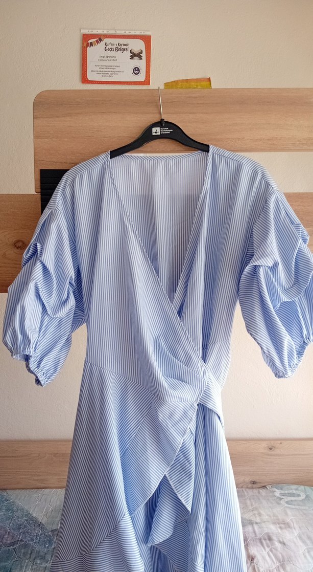 Uzun Mavi V Yaka Salaş Elbise - Görsel 2