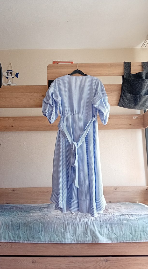 Uzun Mavi V Yaka Salaş Elbise - Görsel 4