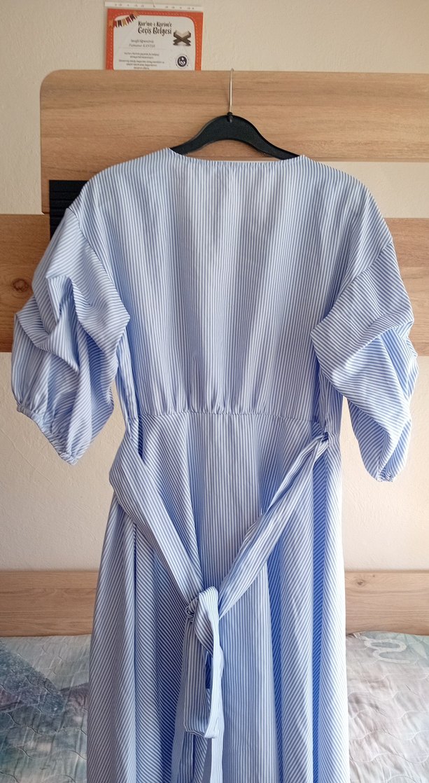 Uzun Mavi V Yaka Salaş Elbise - Görsel 5