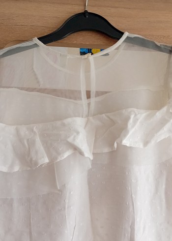 Beyaz Keten Mini Kollu Fırfırlı Çocuk Bluz - Görsel 5