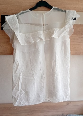 Beyaz Keten Mini Kollu Fırfırlı Çocuk Bluz - Görsel 4