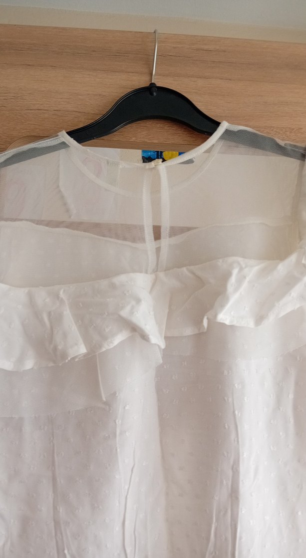 Beyaz Keten Mini Kollu Fırfırlı Çocuk Bluz - Görsel 5