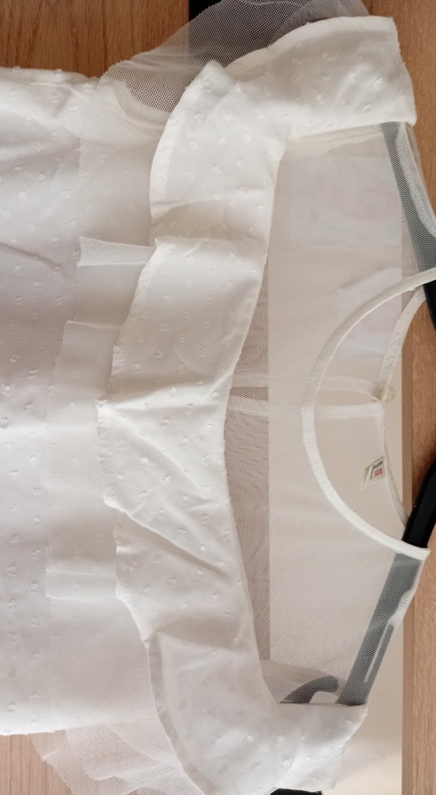 Beyaz Keten Mini Kollu Fırfırlı Çocuk Bluz - Görsel 2