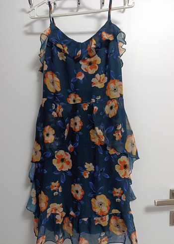 Mavi Çiçek Desenli Askılı Midi Elbise - Görsel 2