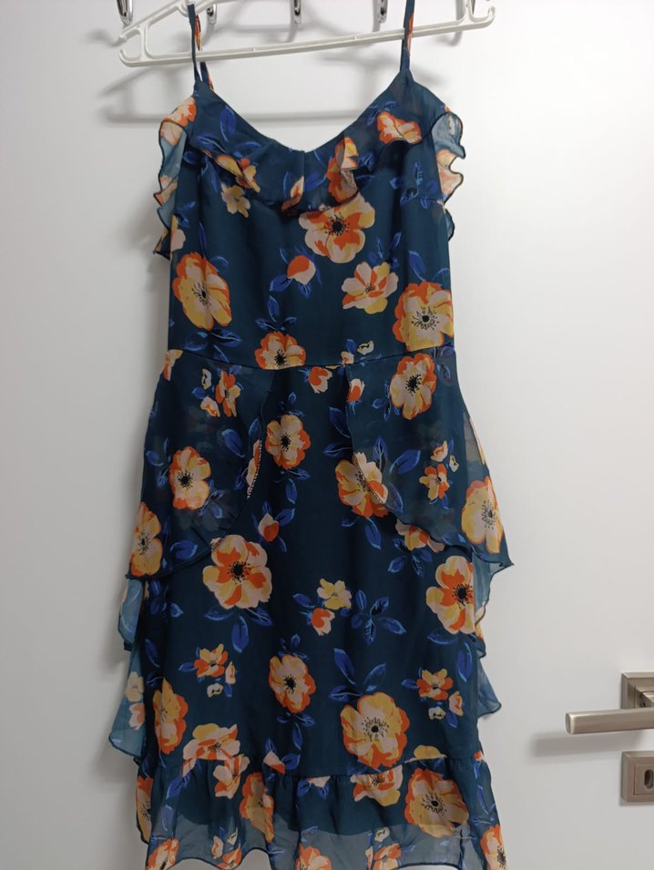 Mavi Çiçek Desenli Askılı Midi Elbise - Görsel 2