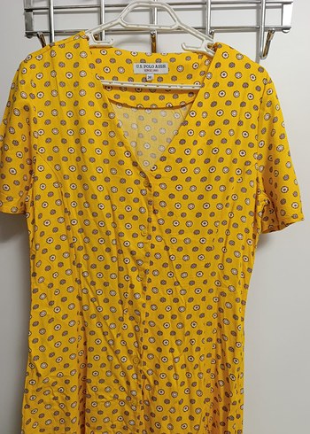 Sarı V Yakalı Bağlama Desenli Bohem Elbise - Görsel 2