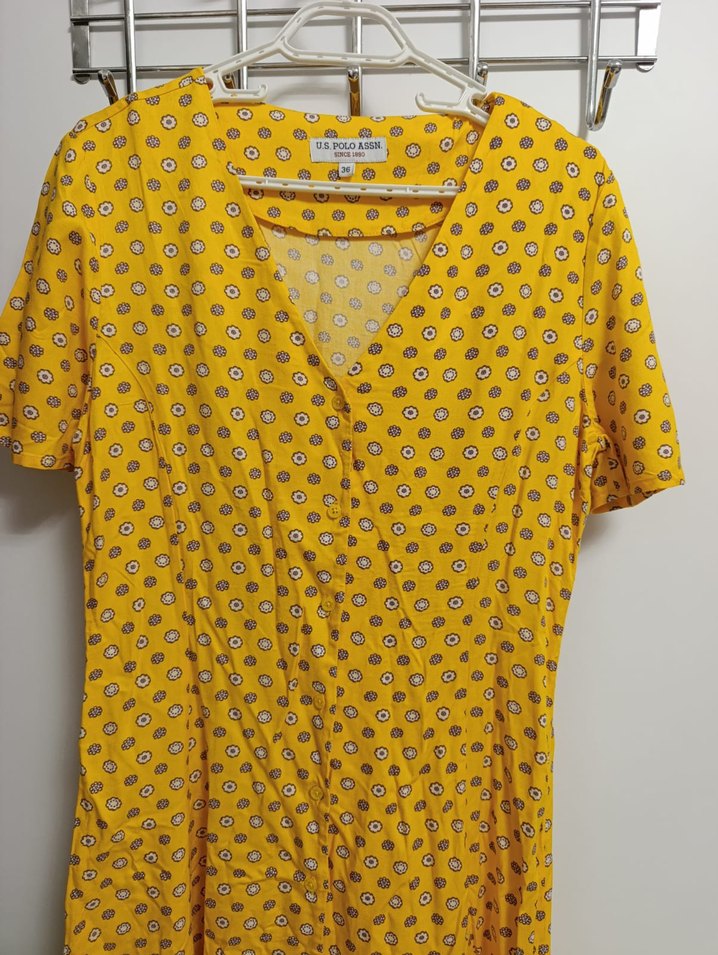 Sarı V Yakalı Bağlama Desenli Bohem Elbise - Görsel 2