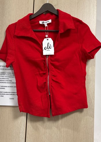 Kırmızı Mini Fermuarlı V Yaka Bluz - Görsel 3