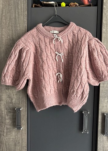 Pembe Kısa Kollu Örgü Kadın Kazak - Görsel 3